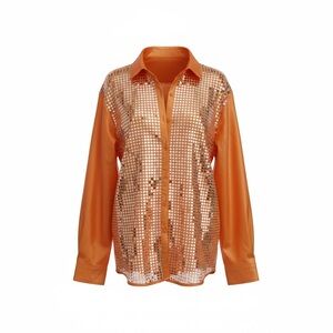 Orange Sequin-Front Men's Button-Up Shirt XL